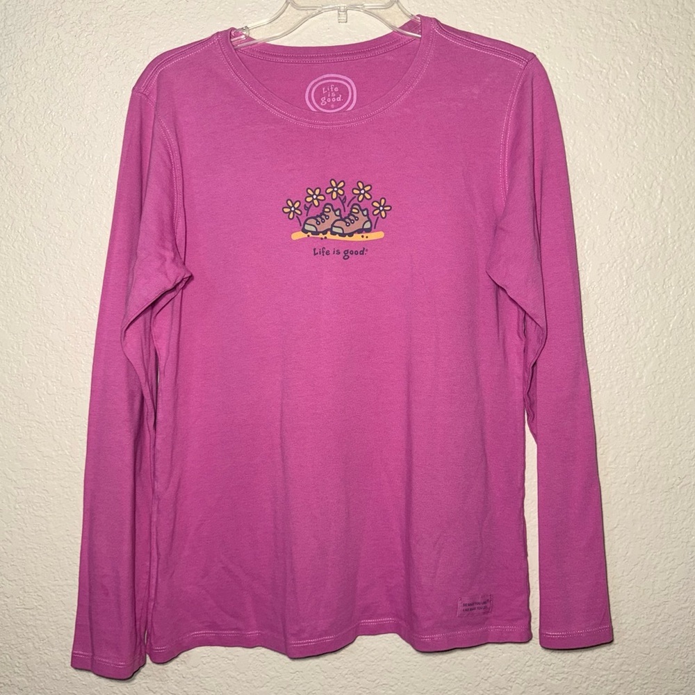 Life Is Good Crusher Tee Women’s M Pink Hiking Daisy Cottagecore Casual